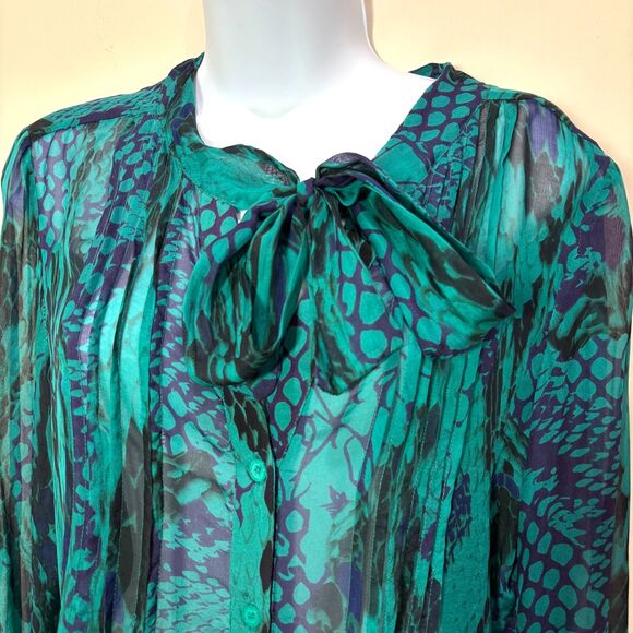 Hale Bob SILK Blouse sz M Animal Print Green Neck Tie Mermaidcore Dark Fairy - Picture 2 of 9